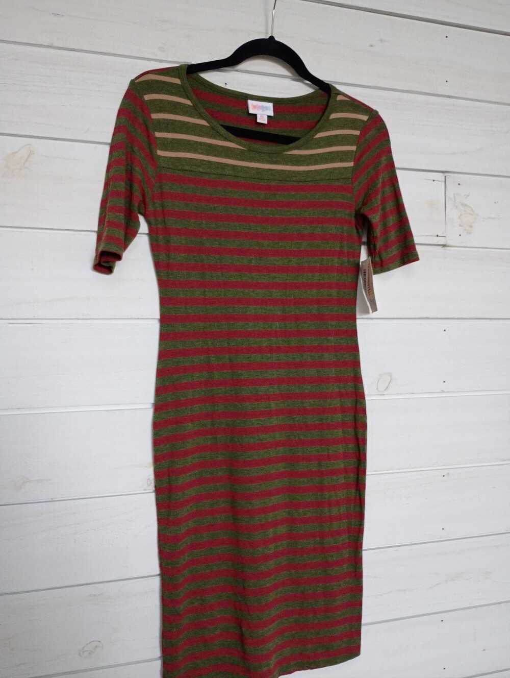 Lularoe Julia Striped Short-Sleeve Midi Dress in Olive and Red